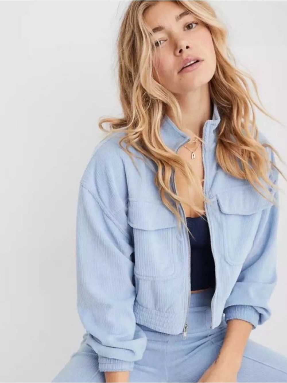 Aerie Groove On Velour Corduroy Cropped Zip Up Jacket Baby Blue in Size XL